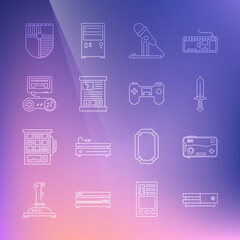 Set line Video game console, Mobile and playing in, Sword for, Microphone, Game guide, with joystick, Shield and Gamepad icon. Vector