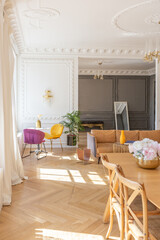 luxury interior of a spacious apartment in an old 19th century historical house with modern furniture. high ceiling and walls are decorated with stucco