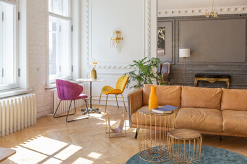 luxury interior of a spacious apartment in an old 19th century historical house with modern...