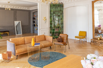 luxury interior of a spacious apartment in an old 19th century historical house with modern furniture. high ceiling and walls are decorated with stucco