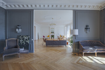luxury interior of a spacious apartment in an old 19th century historical house with modern...