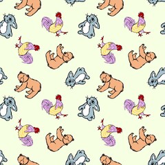 seamless pattern with  bunnies, roosters and bears
