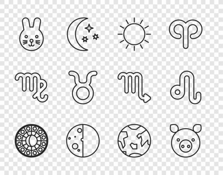 Set line Astrology horoscope circle, Pig zodiac, Sun, Eclipse of the sun, Rabbit, Taurus, Planet Earth and Leo icon. Vector