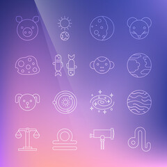 Set line Leo zodiac, Planet Venus, Mercury, Eclipse of the sun, Pisces, Asteroid, Pig and Monkey icon. Vector