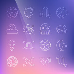 Set line Scorpio zodiac, Moon and stars, Asteroid, Leo, Milky way spiral galaxy, Libra, and Magic ball icon. Vector