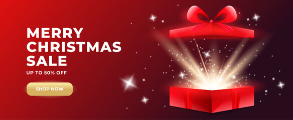 Promo banner with open gift box and gold glowing confetti with surprise gift box. Vector web