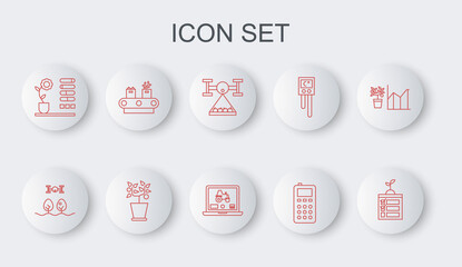Set line Smart farming technology, with drone, Remote control, Flower status, Conveyor belt box, Plant pot and Laptop application for smart icon. Vector
