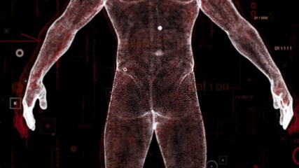 Digital binary code background and Virtual human body. Fly through abstract 3D rendering of a scientific technology data binary code network conveying connectivity, - Powered by Adobe