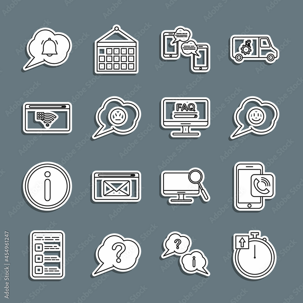 Poster set line stopwatch, mobile phone call, speech bubble with smile face, chat messages mobile, angry, n