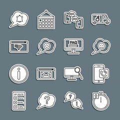 Set line Stopwatch, Mobile phone call, Speech bubble with smile face, Chat messages mobile, angry, No Internet connection, chat notification and Monitor FAQ information icon. Vector