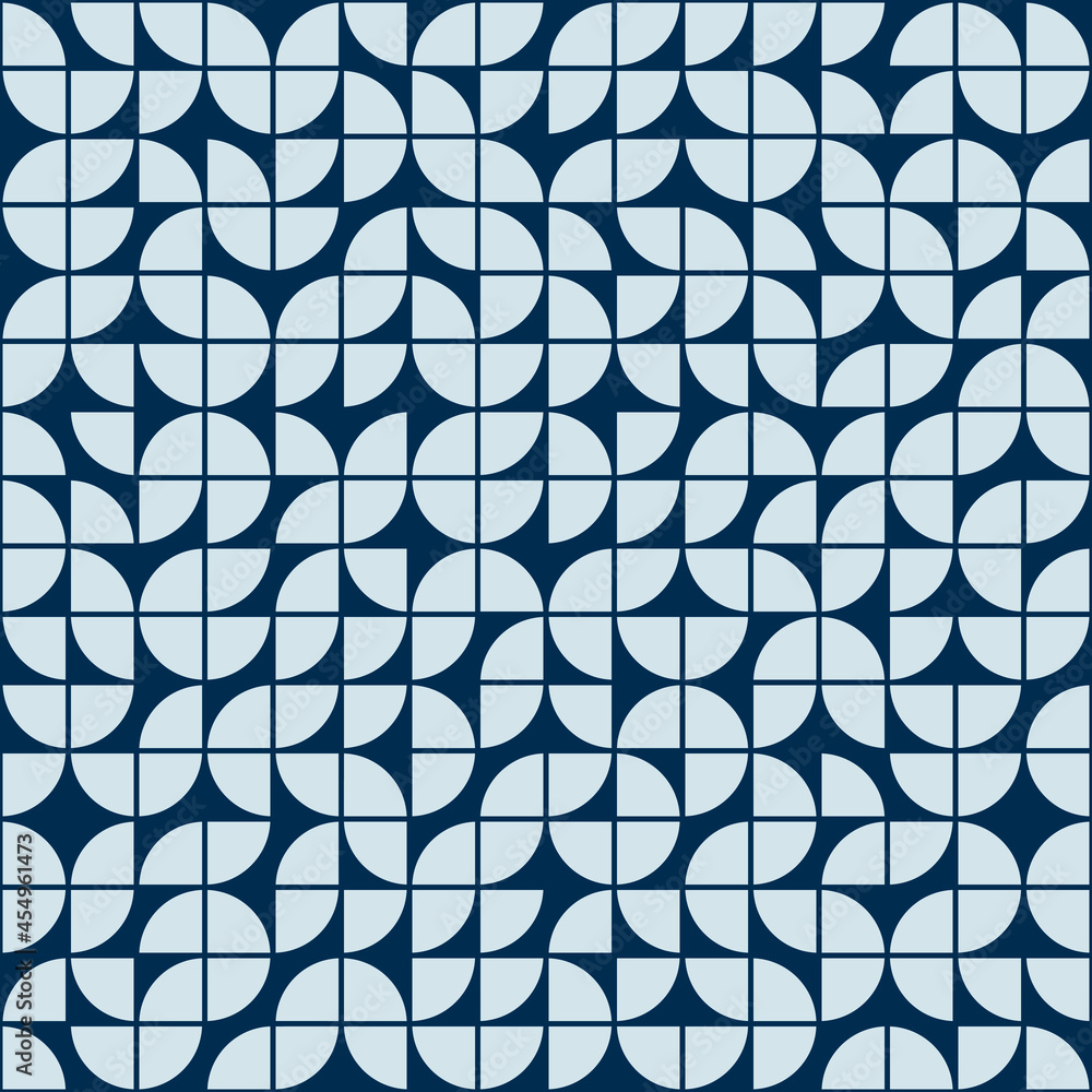 Poster blue background and white quarters of circle. vector repeated shapes make ornament. geometric and de