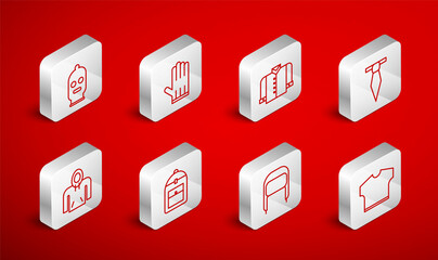 Set line T-shirt, Leather glove, Tie, Winter hat with ear flaps, Balaclava, Backpack and Hoodie icon. Vector