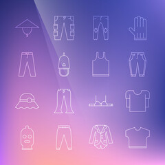 Set line T-shirt, Long sleeve, Pants, Police cap with cockade, Asian conical hat and Sleeveless icon. Vector