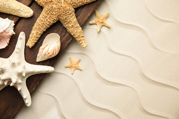 Beautiful sea stars and shells on sand, top view. Space for text