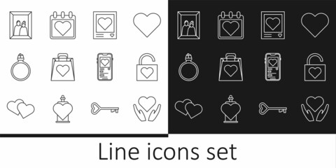 Set line Heart in hand, Lock heart, Photo frames hearts, Shopping bag with, Diamond engagement ring, Picture, Mobile and Calendar icon. Vector