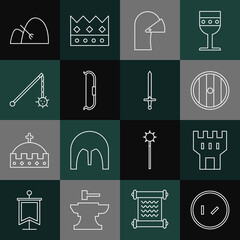 Set line Round wooden shield, Castle tower, Medieval iron helmet, bow, chained mace ball, Bale of hay and rake and sword icon. Vector