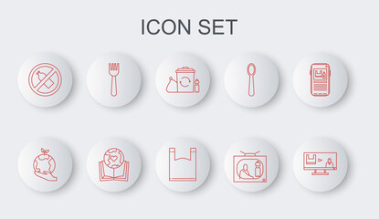 Set line Stop plastic pollution, Hand holding Earth globe, Recycle bin with recycle, No bottle, Disposable fork, book and Plastic bag icon. Vector