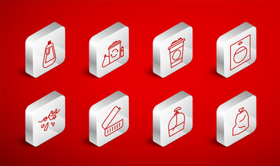 Set line Garbage bag, Recycle bin with recycle, Paper glass, Battery pack, Bottle of liquid soap, for dishwashing, Lunch box and Problem pollution planet icon. Vector