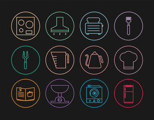 Set line Refrigerator, Chef hat, Toaster with toasts, Measuring cup, Barbecue fork, Electric stove, Kettle handle and Kitchen extractor fan icon. Vector