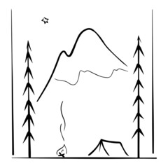 Landscape of mountains with a tent in the forest