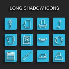 Set line Oven, Frying pan, Spatula, Coffee cup, Kettle with handle, Electric stove, and Kitchen colander icon. Vector