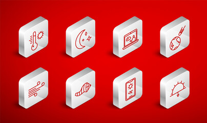 Set line Sunset, Moon and stars, Weather forecast, Comet falling down fast, Meteorology thermometer, Cone meteorology windsock wind vane and Wind icon. Vector