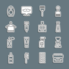 Set line Cream or lotion cosmetic jar, Shaving brush, tube, Hairbrush, Electrical hair clipper shaver, Towel hanger, Bottle of shampoo and Aftershave icon. Vector