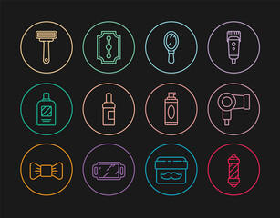 Set line Classic Barber shop pole, Hair dryer, Hand mirror, Beard mustaches care oil bottle, Bottle of shampoo, Shaving razor, gel foam and Blade icon. Vector