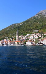 montenegro, perast, lake, church, water, coast, landscape, nature, travel, mediterrenean, panorama, harbor, summer, ship, mountain, view,	