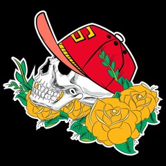 skull with cap and yellow roses background
