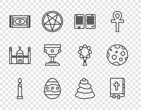 Set line Burning candle, Holy bible book, The commandments, Easter egg, Traditional carpet, Christian chalice, Stack hot stones and Moon icon. Vector