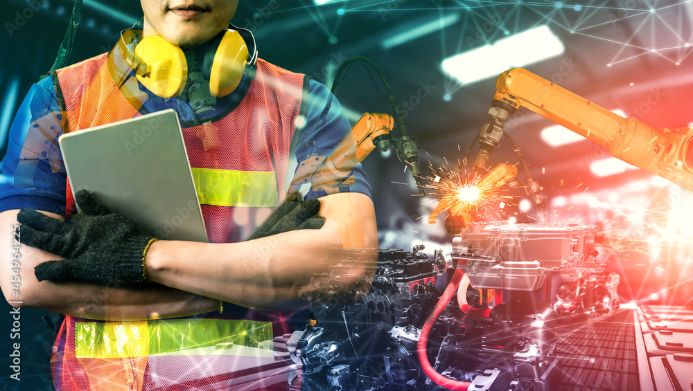 Poster mechanized industry robot arm and factory worker double exposure . concept of robotics technology fo