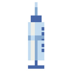 Syringes pixel art icon. Syringe with injection medicine isolated vector illustration. Vaccine injection, 8-bit sprite. Design stickers, logo, mobile app.