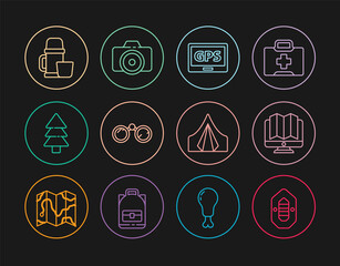 Set line Rafting boat, Location of the forest monitor, Gps device with map, Binoculars, Tree, Thermos container and cup, Tourist tent and Photo camera icon. Vector