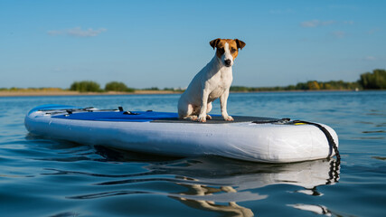 Jack russell terrier dog on a sup board. Summer sport