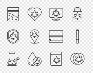 Set line Glass bong for smoking cannabis, Herbal ecstasy tablets, Location and, Marijuana olive oil, Plastic bag of, marijuana, Book and joint icon. Vector