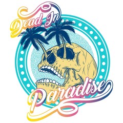 skull with palms style surf text and blue background