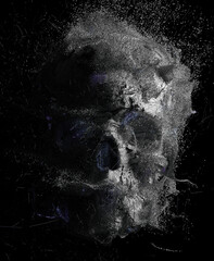 3d render of abstract art with surreal scary creepy spooky halloween cyber skull in matte scratched aluminum metal with small dust smoke cloud fog balls particles around on isolated black background