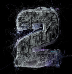 3d render of abstract art of surreal cyber technology industrial font type big number two 2 in rough scratched iron metal with transistors and microchips on surface with small balls neon lines around