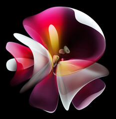 3d render of abstract art with surreal alien flower in curve wavy elegance organic biological lines forms in transparent plastic material in pink purple and yellow gradient color with white parts
