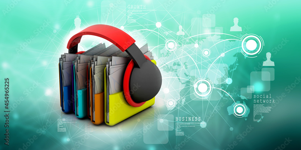 Poster 3d rendering folder connected headphone in mobile phone