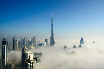Fotobehang Burj Khalifa Dubai city view in Fog, United Arab Emirates