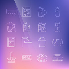 Set line Brush for cleaning, Sponge, Spray bottle with detergent liquid, Dishwashing and plate, Bottles agent, Trash can garbage bag, bubbles and icon. Vector