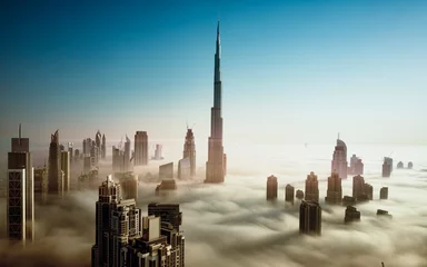 Foto auf Acrylglas Burj Khalifa Dubai city view in Fog, United Arab Emirates