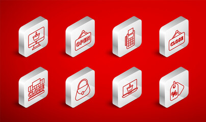 Set line Discount percent tag, Hanging sign with Open, POS terminal credit card, Closed, Shopping basket on laptop, Monitor shopping, Handbag and building text closed icon. Vector