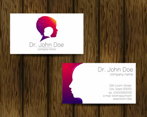 Psychology Vector Business Card Kid Human Head Modern logo on tree background in Creative style. Child Profile Silhouette Design concept. Brand company. Vsiting personal set of visit cards