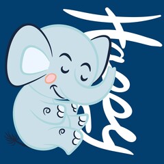Cute baby elephant with text happy and background