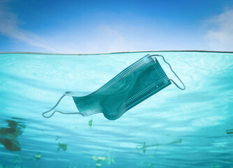 Concept of pollution,Disposable protection mask under the sea, residues of the covid-19 pandemic