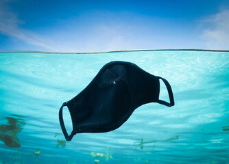 Concept of pollution,Disposable protection mask under the sea, residues of the covid-19 pandemic