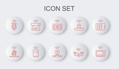 Set line Smart microwave oven, Wireless antenna, electrical outlet, drone, traffic light, TV box receiver, refrigerator and sensor icon. Vector